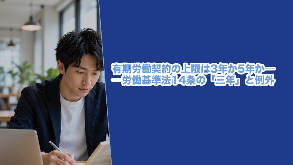 労働基準法14条が定める有期労働契約の上限（原則三年・高度専門と満六十歳以上は五年）と、労働契約法17条から19条までを条文で確かめた記事のアイキャッチ